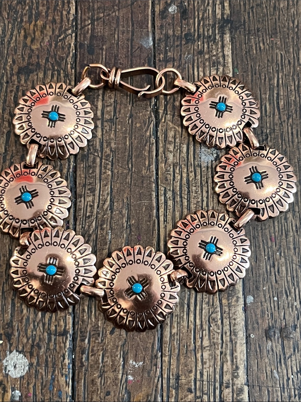 Handcrafted Copper Concho Bracelet with Turquoise Accent
